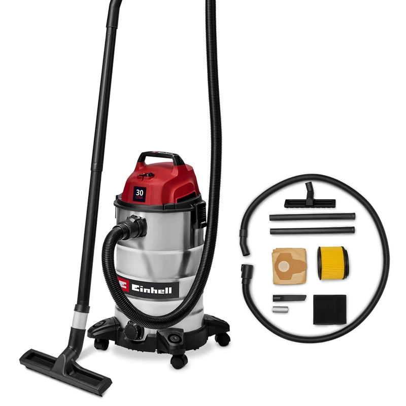 Einhell Wet and Dry Vacuum Cleaner 950W, 190 Mbar Suction Capacity, 30L Stainless Steel Container, Rollers, Accessory Bracket Including Various Filters and Nozzles TC-VC 3055 S
