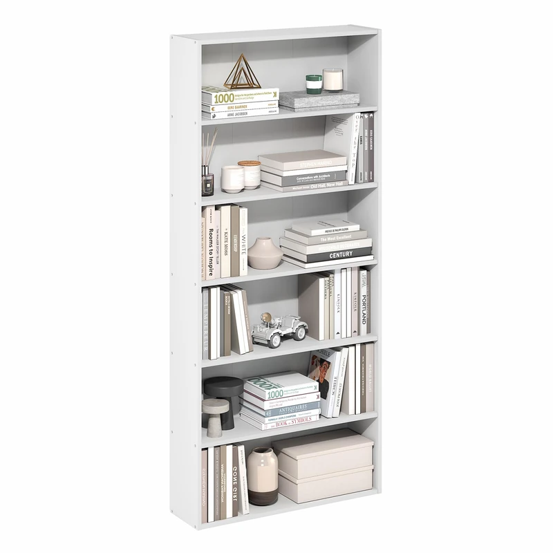 Furinno BASIC Book Shelf, 6-Tier Bookcase with Open Shelf, Bookshelf, Cube Storage Organizer, 7 x 24 x 53, for Living Room, Bedroom, Home Office, White