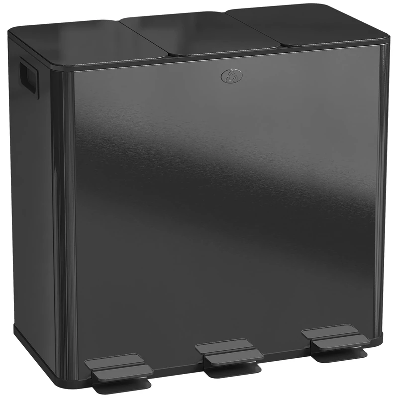 HOMCOM Triple Kitchen Bin, 3 x 20L Stainless Steel Three Rubbish Bin with Removable Inner Buckets, Soft Close Lid, Fingerprint-Proof for Recycling and Waste, Black