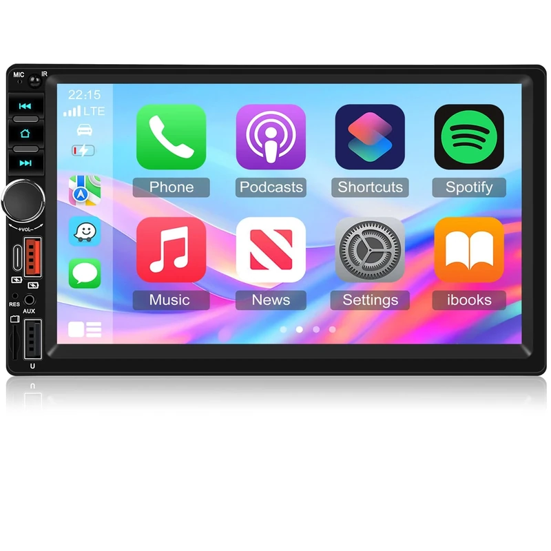 Techschermo Double Din Car Stereo with Wireless Carplay and Android Auto, 7 Inch Touchscreen Bluetooth Car Radio with Share Same Video/Online Video/Mirror Link/EQ/FM + 12leds Backup Camera