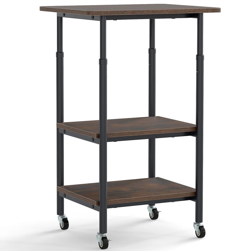 FANTASK Height Adjustable Printer Table with Lockable Wheels, 3-Tier Side Table Slim with Wheels, Mobile Storage Trolley for 3D Printer, Fax Machine, 49 x 40 x 77 cm (Brown)