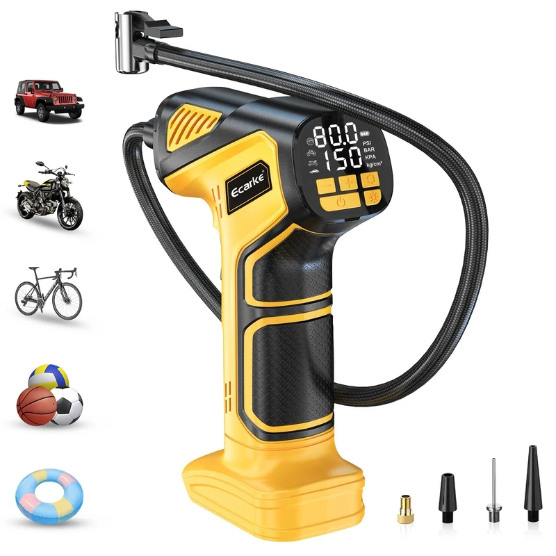 Ecarke Cordless Tire Inflator: Air Compressor for De walt 20V Battery, Max 10Bar(150 PSI)- Portable Electric Air Pump with Digital Pressure Gauge for Car, Motorcycle, Bike, Sports Ball etc(No Battery)