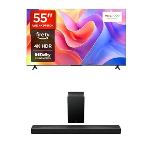 TCL 55PF650K 55-inch 4K Ultra HD, HDR TV, Smart LED Fire TV Q65HK 5.1 soundbar with Dolby Atmos & Ray•Danz technologies AI Sonic Adaptation Tutti Choral - Maximum power 580W