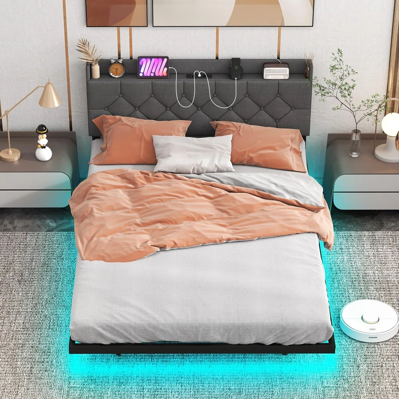 FANTASK Upholstered Bed with Slatted Frame & Adjustable Padded Headboard, Bed Frame with LED Lighting & Charging Station, Double Bed, Bed, 140 x 200 cm - Image 1
