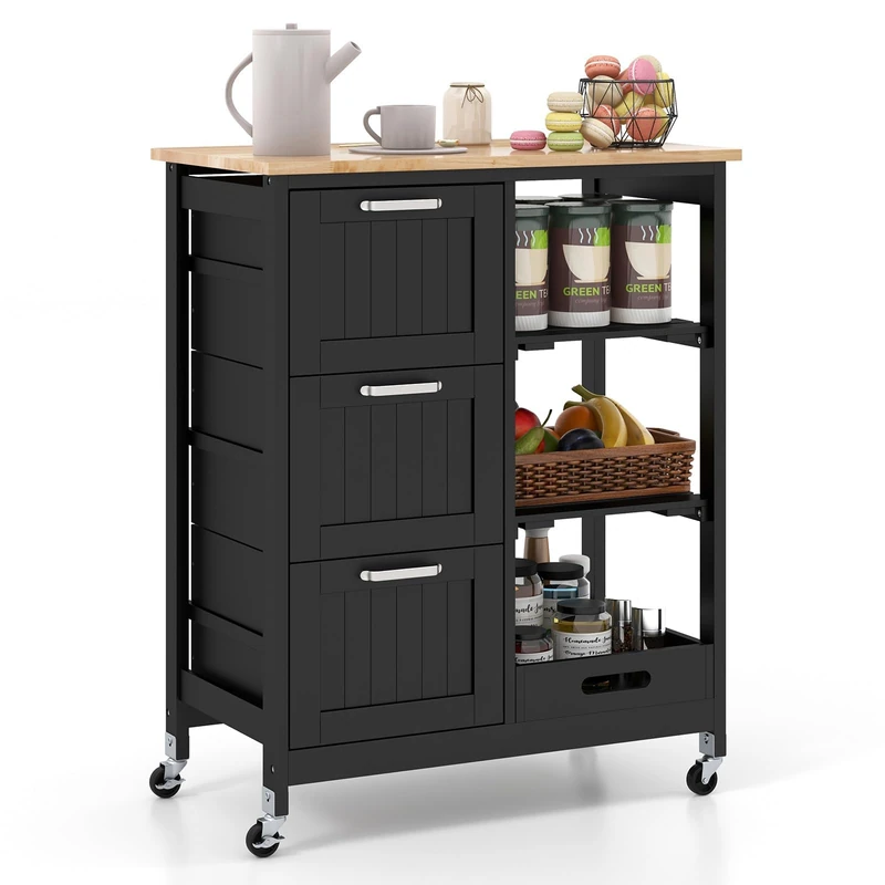 FANTASK Serving Trolley with Wheels, Kitchen Trolley with Tray, Shelves and 3 Large Drawers, Side Trolley Made of Rubber Wood, 67 x 37 x 83.5 cm (Black)