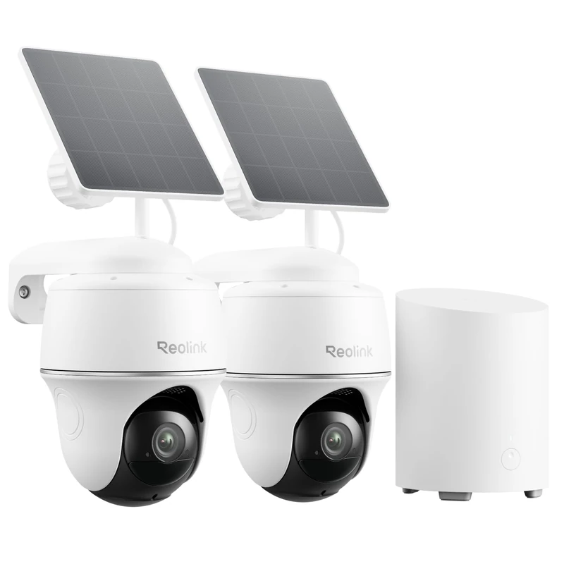 Reolink Argus PT Lite 2 Cam Kit I Home Hub Mini & 2K Solar Security Camera System, Local Storage, 360° Coverage with PT, AI Detection, WiFi Connection, Works with Alexa, Google Home