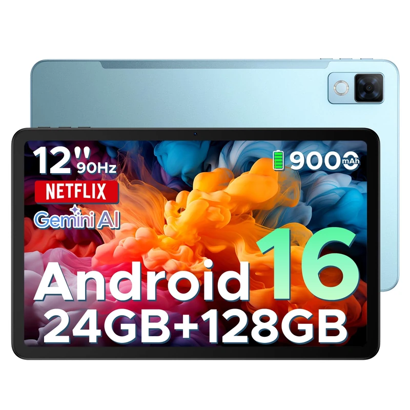 U12 Android 16 Tablet, 12 Inch Tablet, FHD+(2000x1200) 90Hz Large Screen Gaming Tablets, 24GB+128GB (2TB), Gemini AI Octa-Core, 9000mAh/18W, Camera 13+8MP, Widevine L1, 2.4G/5G WiFi, Face ID