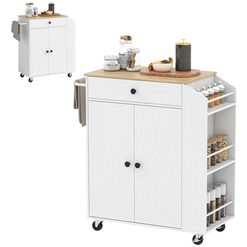 HOMCOM Kitchen Island on Wheels with Drawer Kitchen Storage Trolley White