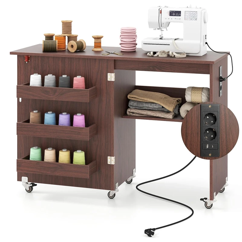 FANTASK Folding Sewing Machine Cabinet with Charging Station, Sewing Cabinet, Wooden Sewing Table with Shelves, 2 in 1 Sewing Machine Table with Lockable Wheels, Craft Disc for Bedroom and Living Room - Image 1