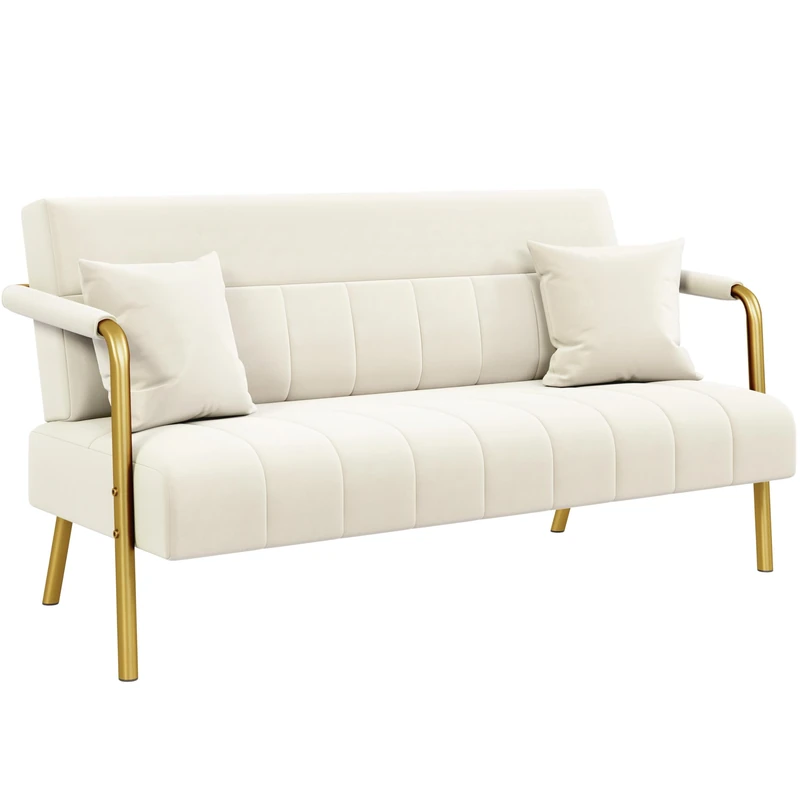 Yaheetech 2 Seater Modern Sofa Velvet Fabric Loveseat with Gold-tone Metal Arms and Legs for Bedroom, Home Office, Studio, Living Room Furniture Beige
