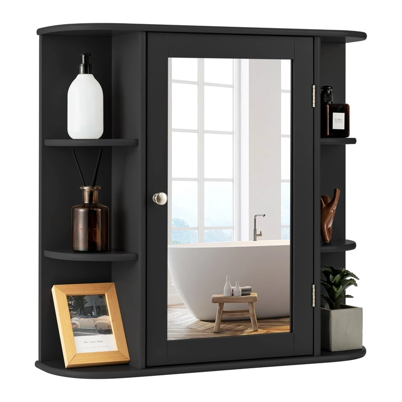 FANTASK Wooden Bathroom Cabinet with 4 Compartments & 6 Open Shelves Bathroom Cabinet Hanging with Mirror 66 x 17 x 63 cm (Black)