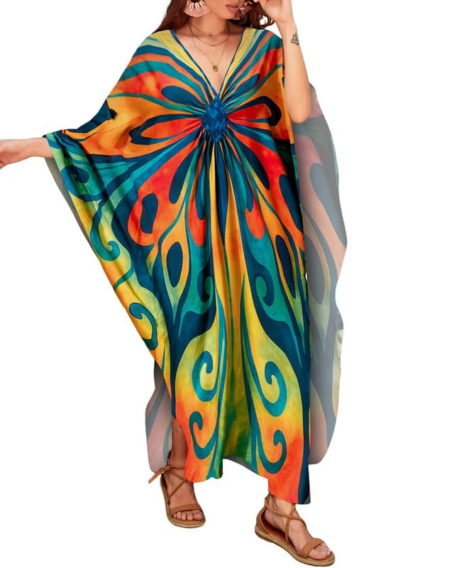 Bsubseach V Neck Beach Coverups for Women Casual Print Beach Kaftan Dress Plus Size Swimwear Cover Up Abstract Orange Butterfly