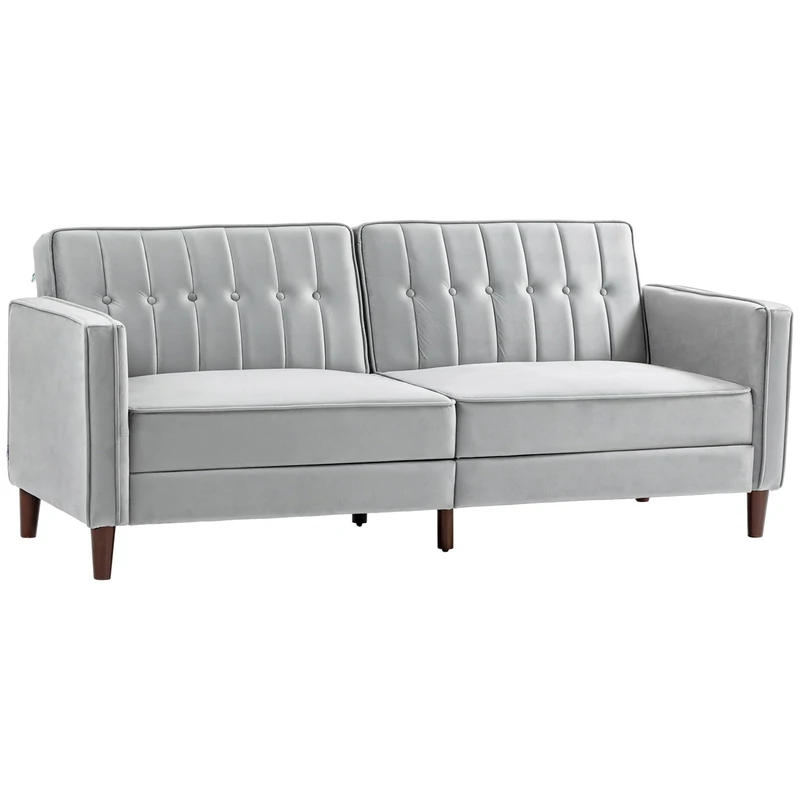 HOMCOM Convertible Sofa Bed, 189cm Click Clack 3 Seater Sofa Bed, Button Tufted Velvet Sleeper Couch with Split Reclining Backrest and Rubber Wood Legs, Light Grey