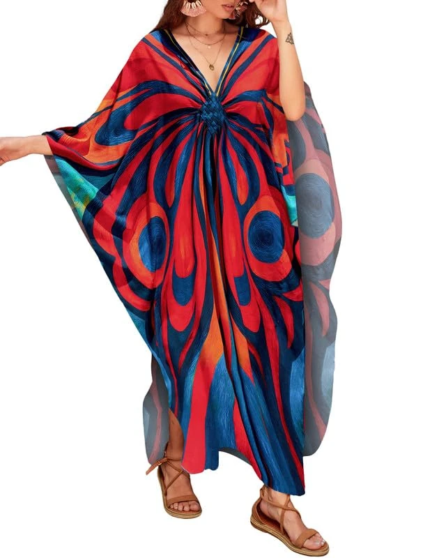 Bsubseach V Neck Beach Coverups for Women Casual Print Beach Kaftan Dress Plus Size Swimwear Cover Up Abstract Red Butterfly