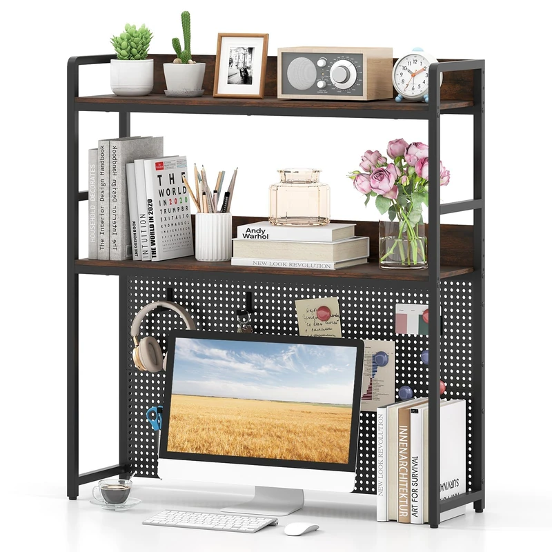 FANTASK Bookcase with Pegboard for Desk, Metal Frame for 32 Inch Monitors, Desk Countertop Shelf (94 x 27 x 103 cm) - Image 1