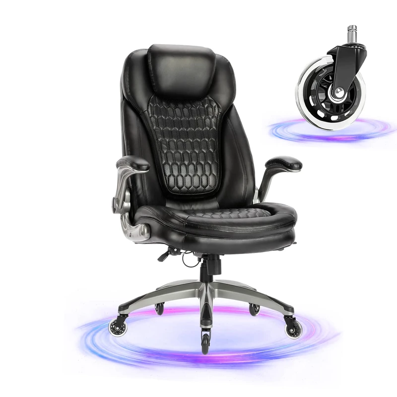 Ergonomic Office Chair with Rocking Function, Extra Wide 22" Seat & Flip-up Arms - Height Adjustable Executive Chair with Lumbar Support, Silent Castors