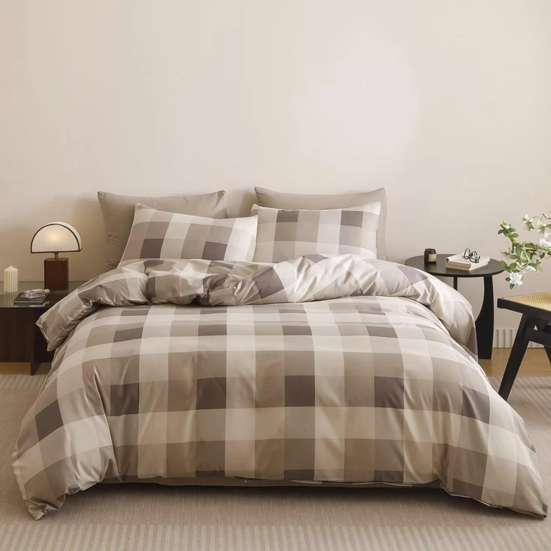 Luxlovery Checkered Khaki Beige Comforter Set Full Plaid Comforter Teens Women Gingham Grid Bedding Set Fluffy Soft Cottagecore Khaki and Cream Coffee Blanket Quilts with 2 Pillowcases Full Bed