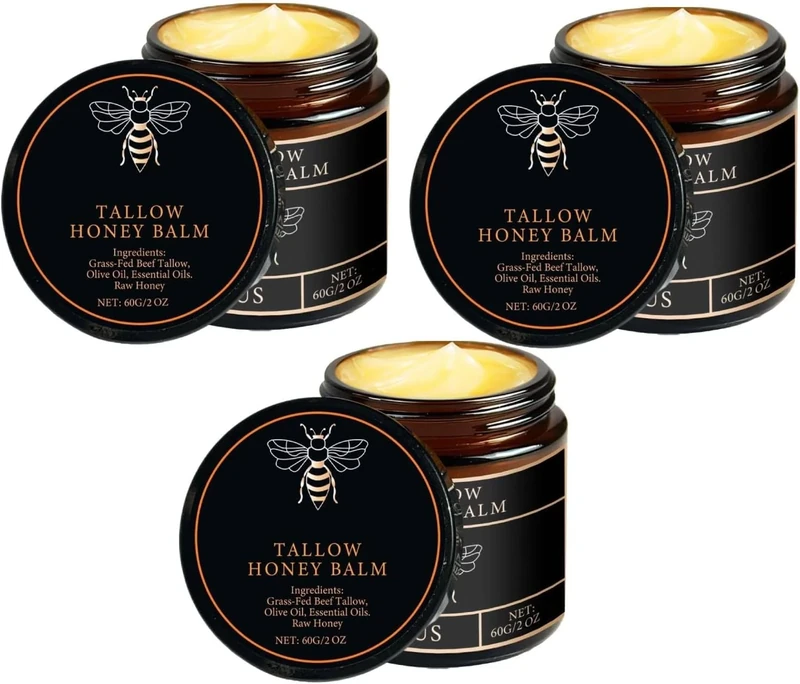 Grass-Fed Beef Tallow Balm with Raw Honey, Tallow and honey Balm, Natural Handmade Honey & Beeswax Moisturizer, Moisturising Cream for Soft, Deep Hydration & Nourishment, Oil-Free (3PCS, 60g)