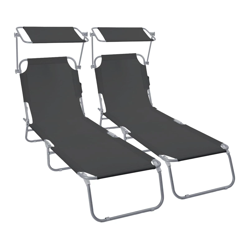 VOUNOT® Set of 2 Folding Sun Lounger with Adjustable Backrest & Sunshade, 4-Position Reclining Sun Bed, Portable Outdoor Garden Chair, Max Load 120kg, Black