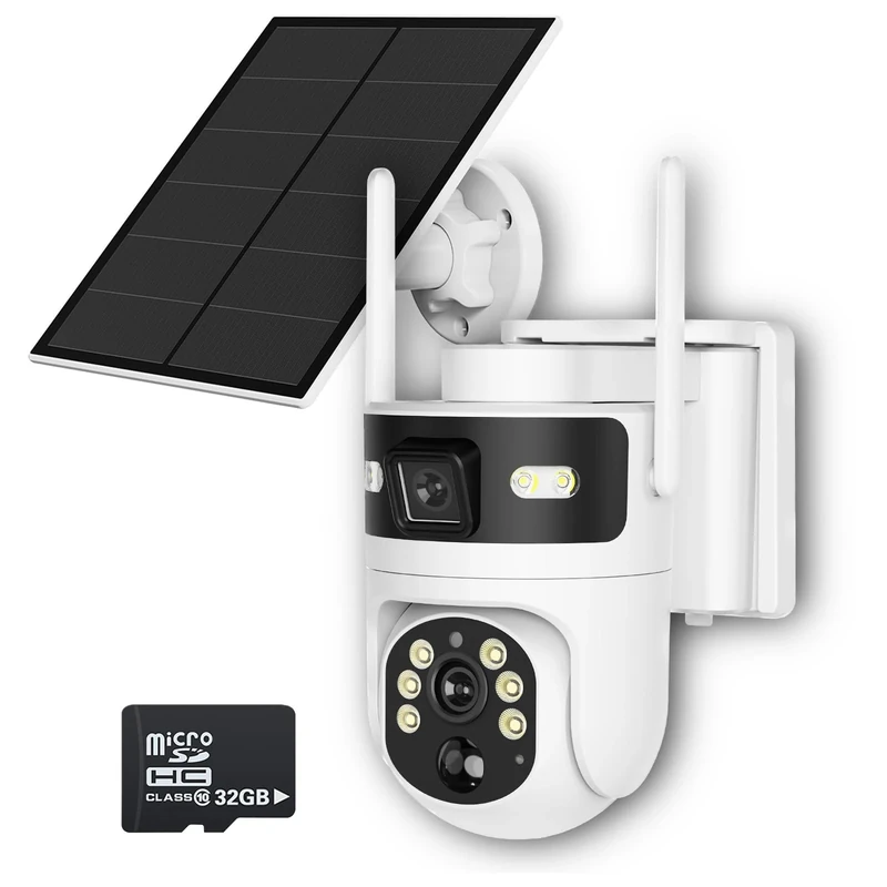 HLMNAKE 2.4G WIFI Outdoor Security Camera Solar, 4MP Dual Camera, Colour Night Vision, PIR Person Tracking, App Notification ＆ Two-Way Audio