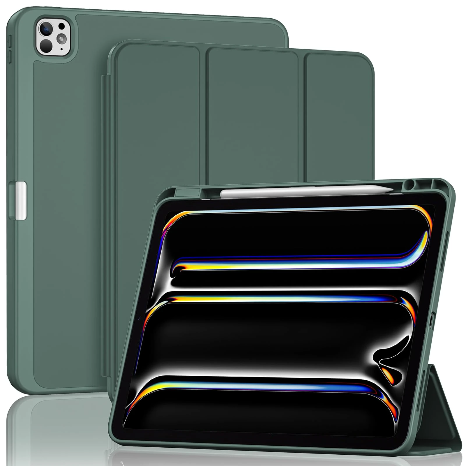 ProCase for iPad Pro 13 Inch Case M5 2025/M4 2024 with Pencil Holder, iPad Pro 13" M4(Model: A3360 A3361 A3362 A2925 A2926 A3007) Trifold Stand Smart Folio with Soft TPU Back Cover -Mgreen