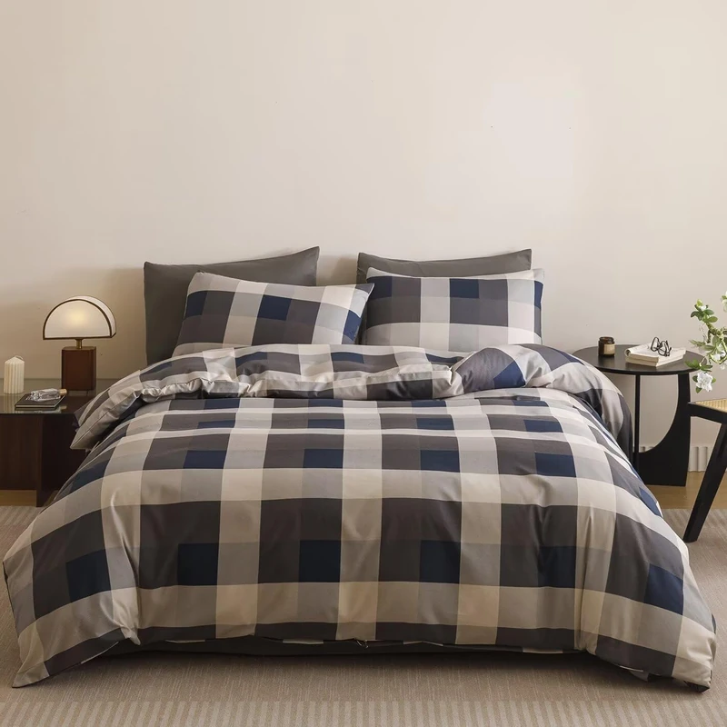 Luxlovery Checkered Blue Comforter Set Full Plaid Comforter Boys Men Gingham Grid Bedding Set Fluffy Soft Cottagecore Khaki and Blue Blanket Quilts with 2 Pillowcases Full Bed