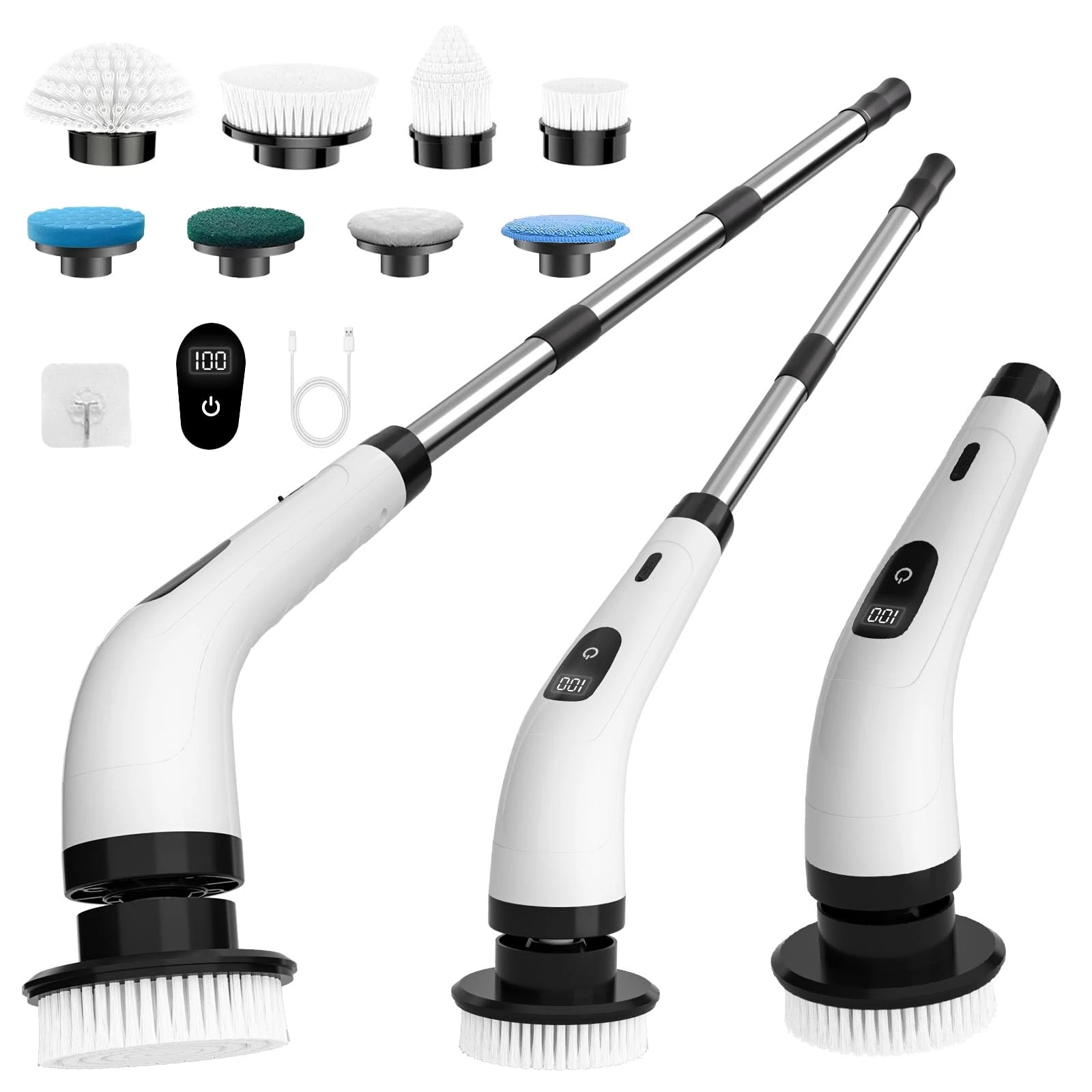 SINZUX Electric Spin Scrubber, Electric Cleaning Brush with 8 Replaceable Brush Heads, Electric Scrubbing Brush with LED Display and Adjustable Extension Handle for Bathroom Kitchen Car