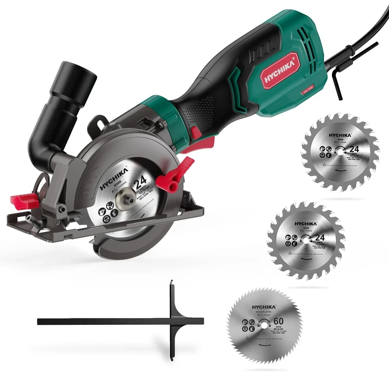 HYCHIKA Mini Circular Saw Corded, 750W 3500RMP Compact Electric Saws with 3 Blades(115 and 125mm), Scale Ruler, Cutting Depth 48mm(90°), 32mm(45°) Skill Saw for Wood, Soft Metal, Plastic, Tile