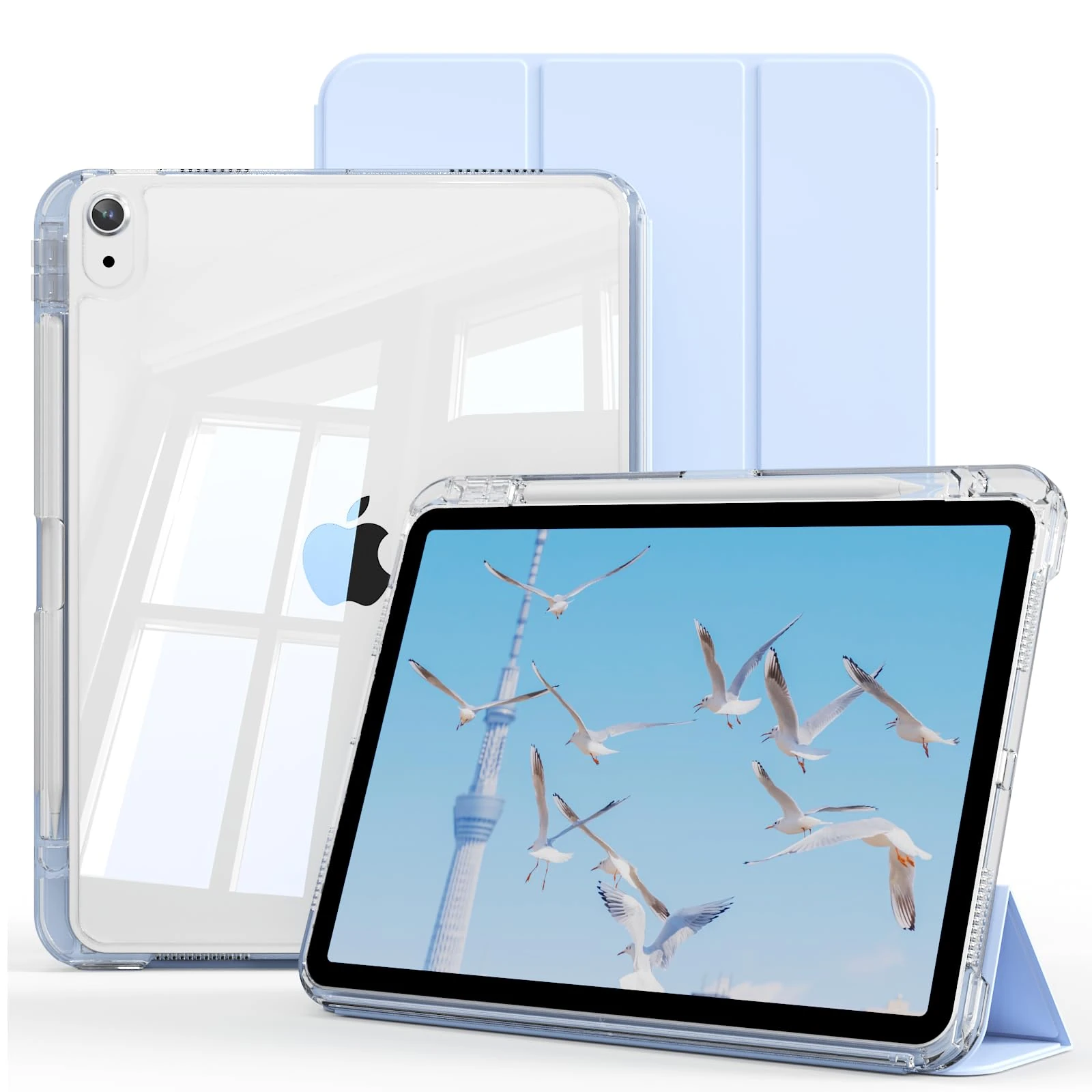 KVTVOU Case for iPad (A16) 11th Generation 2025 / iPad 10th Generation 10.9 inch 2022 with Pencil Holder, Clear Back Shell & Detachable Front Cover, Multi-angle Use, Auto Wake/Sleep, Sky Blue