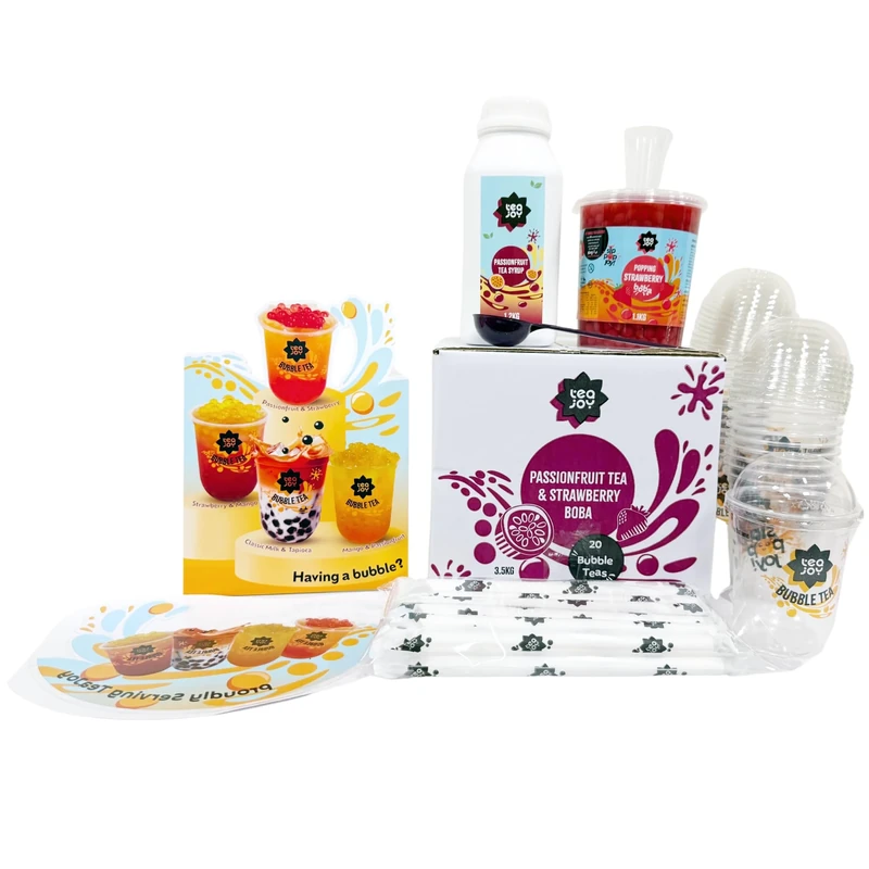TeaJoy Fruit Bubble Tea Party Kit (Makes 20 Drinks) Passionfruit Tea Syrup with Real Strawberry Juice Popping Boba - Just Add Water & Ice - Vegan-Friendly