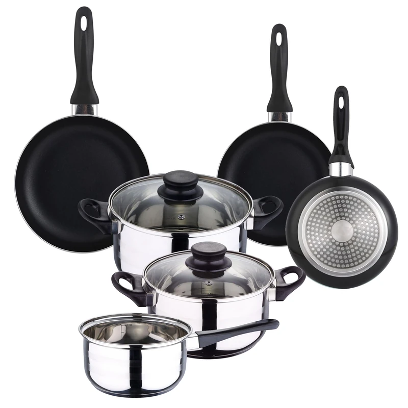 Well Home 5pc Stainless Steel Cookware Set + 3 Frying Pans Ø16Ø20Ø24cm Black in Pressed Aluminium