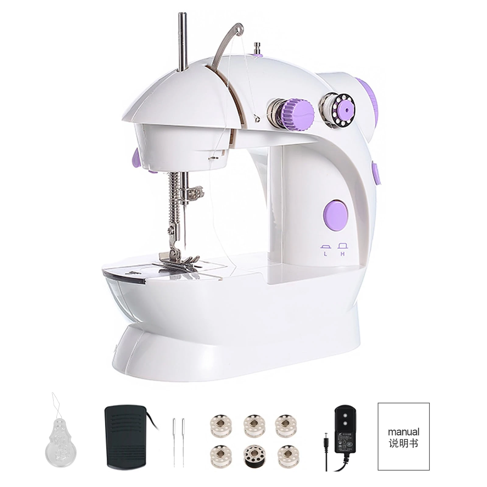 YUMILI 202A 12 Stitches Sewing Machine, Mini Home Electric Double Thread 2-speed Sewing Machine with Pedal UK 220V (Purple)