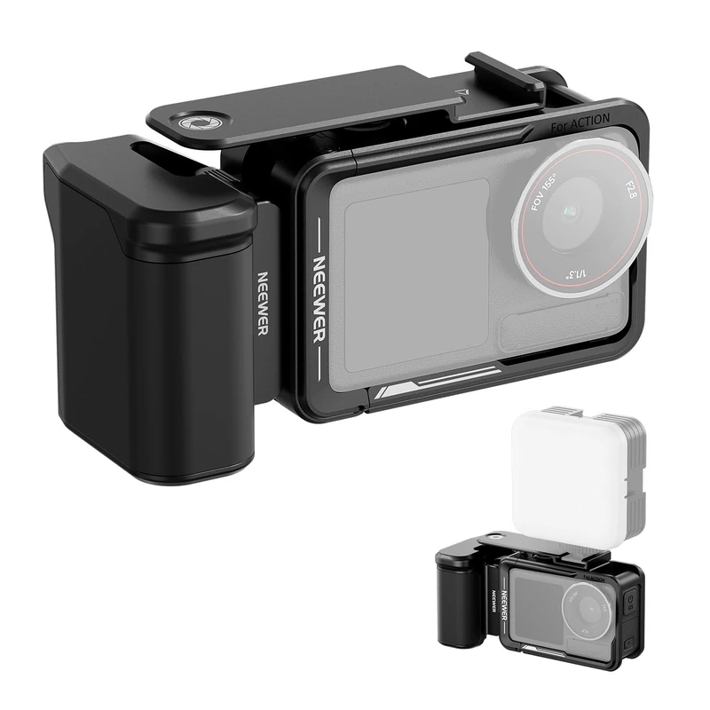 NEEWER Cage and Side Handle Accessories Kit Compatible with DJI Osmo Action 5 Pro / 4/3 Camera, Protective Metal Video Rig Magnetic Adapter Mount Cold Shoe Shutter Extender Bar, Black, AC014+AC034