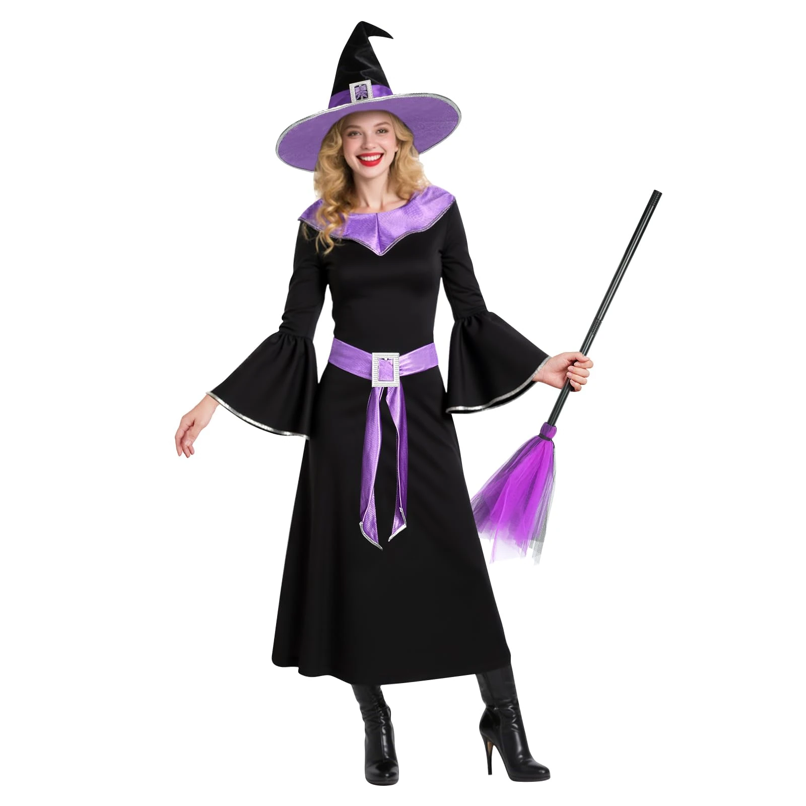 BSBUY Adult Witch Costume Halloween Women Witch Fancy Dress Up Witch Princess Dress Costume Witch Outfit Costumes with Hat Broom Tattoo Stickers Adjustable Belt for Wizards Reading Day Carnival(XL)