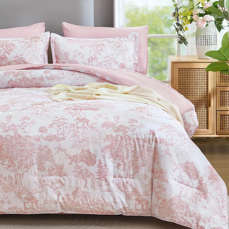 DJY King Size Comforter Set, 7 Pieces Bed in a Bag King Pink Botanical Comforters with Sheets Elegant Plants Print Christmas Soft Microfiber Reversible Complete Bedding Sets for All Season