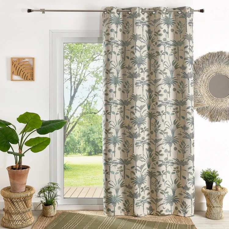 Exotic Jacquard Curtain Palm Tree Design 140 x 260 cm Blue Eyelet Ready to Hang - Image 1