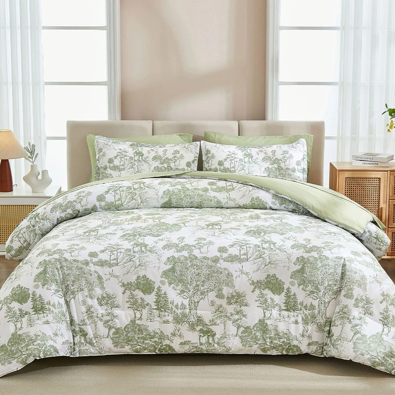 DJY Full Size Comforter Sets, Sage Green 7 Pieces Bed in a Bag Full Botanical Comforters with Sheets Elegant Plants Print Soft Microfiber Reversible Complete Bedding Sets for All Season