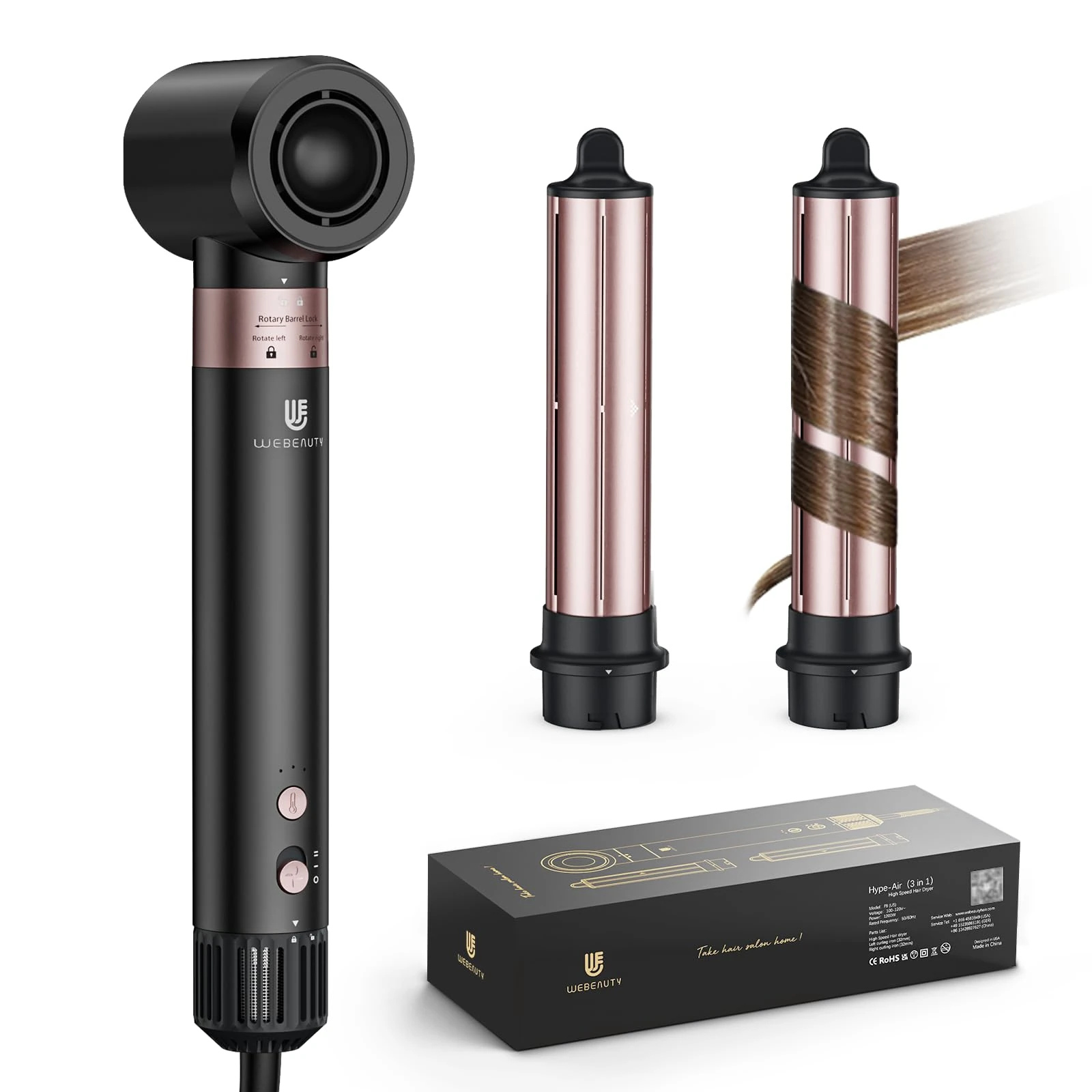 webeauty 3 in 1 Hot Air Styler,110,000 RPM, 20M/S Brushless High Speed Hair Dryer, 200 Million Ioni Negative Blow Dryer with Air Hair Curler for Drying, Curling, Hair Care