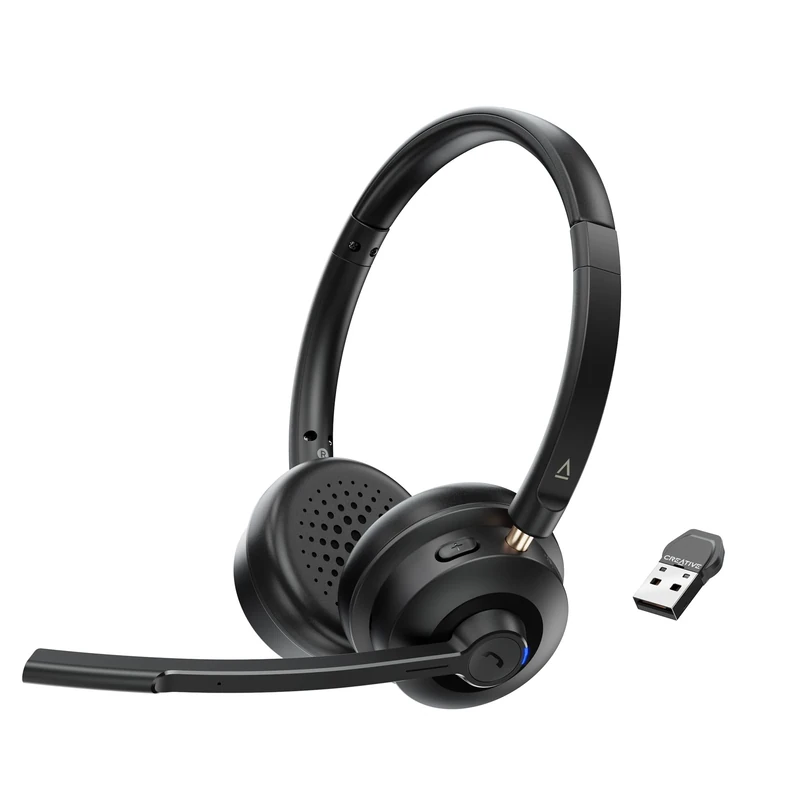 Creative Chat Wireless On-ear Headset with Noise-cancelling Boom Mic, USB dongle, Playback and Calls Control, Mic Mute Button for PC/Mac/Mobile devices