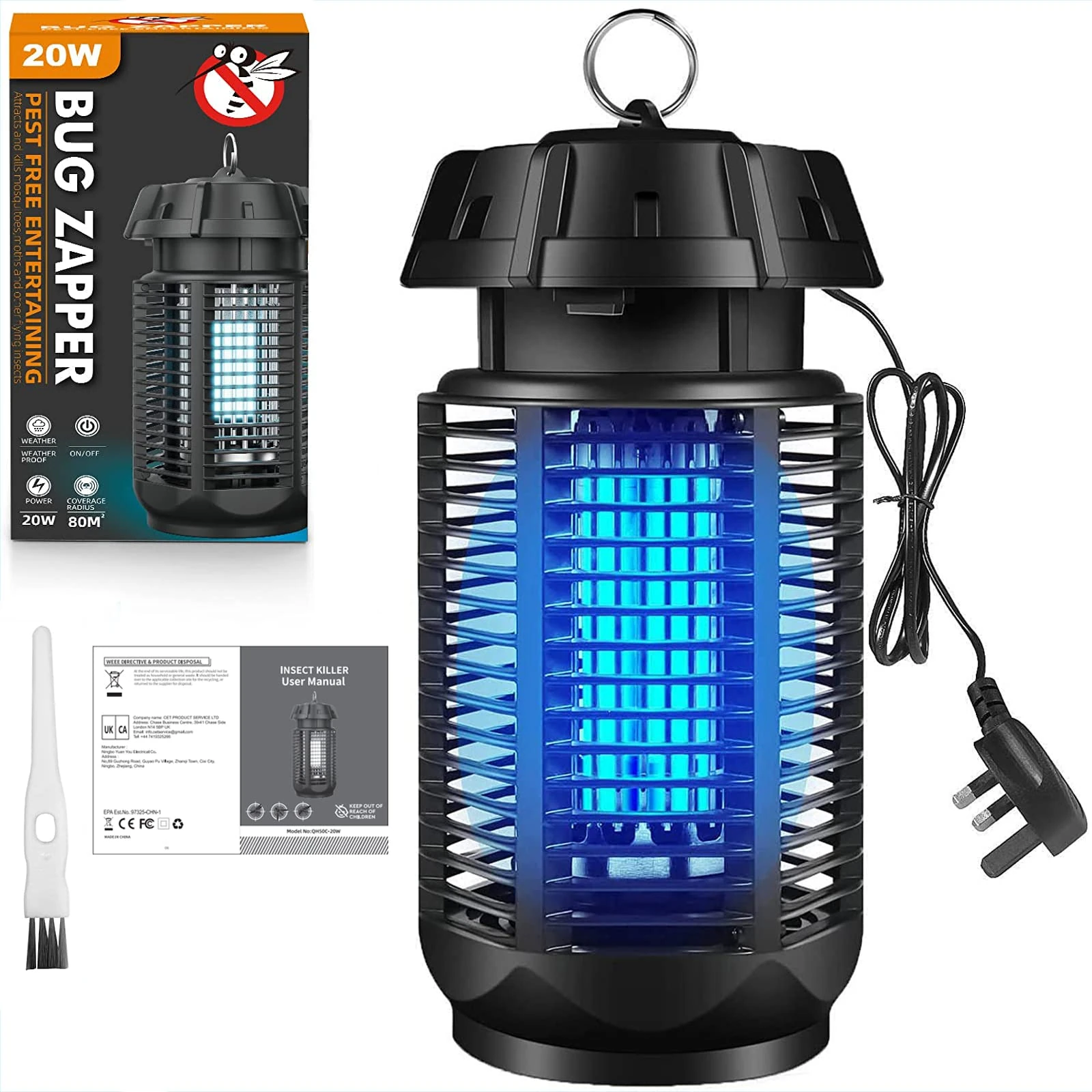 Mosquito Killer, Electric Mosquito Killer Lamp, 20W UV Light Bug Zapper, 360° Indoor and Outdoor Fly Killing Lamp, Easy to Clean, 80m² Coverage, Effective Killer for Mosquitoes, Flies, Wasps, Moths