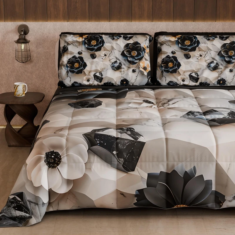 PETTI Artigiani Italiani - Winter Quilt, Winter Duvet, Double Sided Quilt, Solid Colour and Digital Floral Print 06 7, 100% Microfibre, Made in Italy