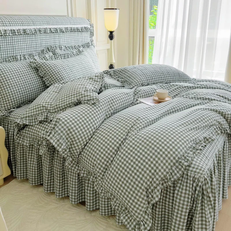 mixinni Vintage Green Gingham Ruffle Comforter Set 3-Piece Washed Cotton Full Size Grid Bedding Set with Geometric Checkered Pattern, Farmhouse Chic Soft Fluffy Comforter for All-Season