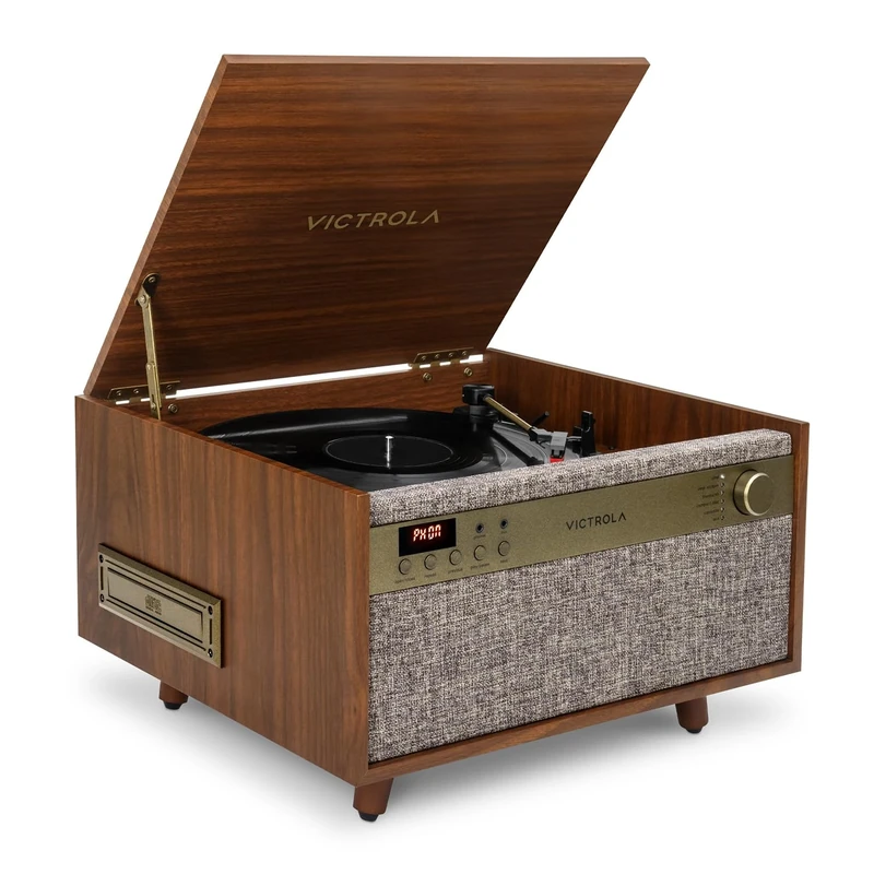 Victrola Century 6-in-1 Vinyl Record Player & Music Centre – 3-Speed Turntable, CD & Cassette Player, VINYLSTREAM, Bluetooth & 3.5mm Aux, Record Player with Speakers, Mid Century Design (Walnut)
