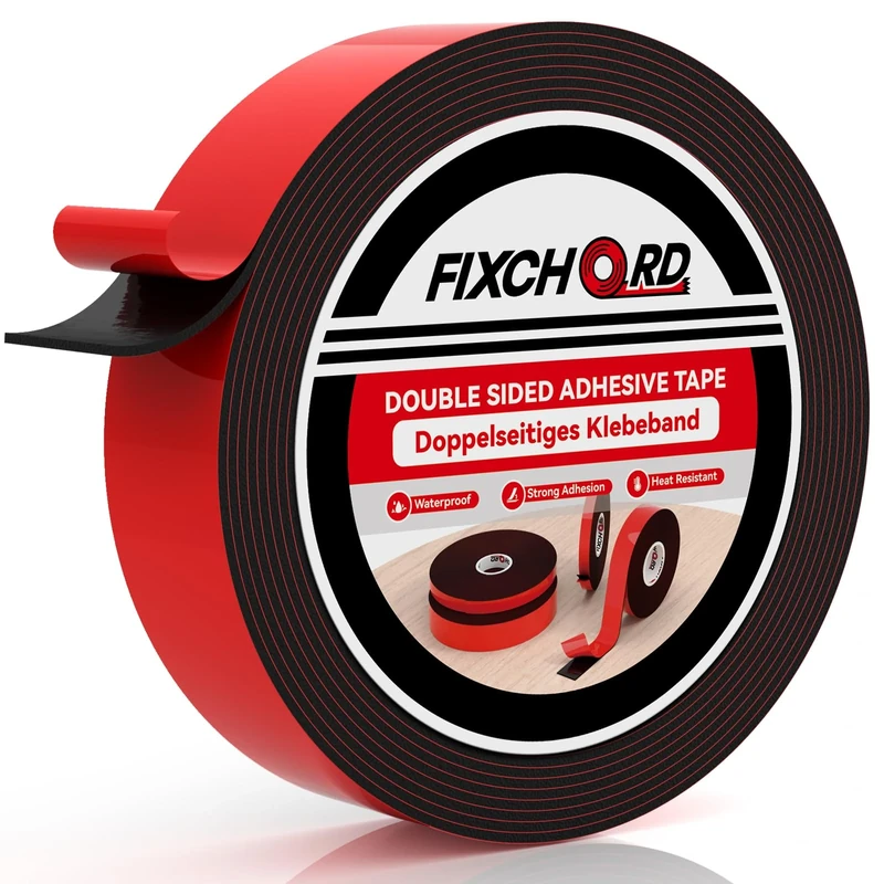 FIXCHORD Double Sided Tape Heavy Duty, 5M*25MM Extra Strong Adhesive Tape, Waterproof Mounting Tape, Double Sided Acrylic Foam Tape for Car, LED Strips, Home & Office Decor (Indoor/Outdoor Use)