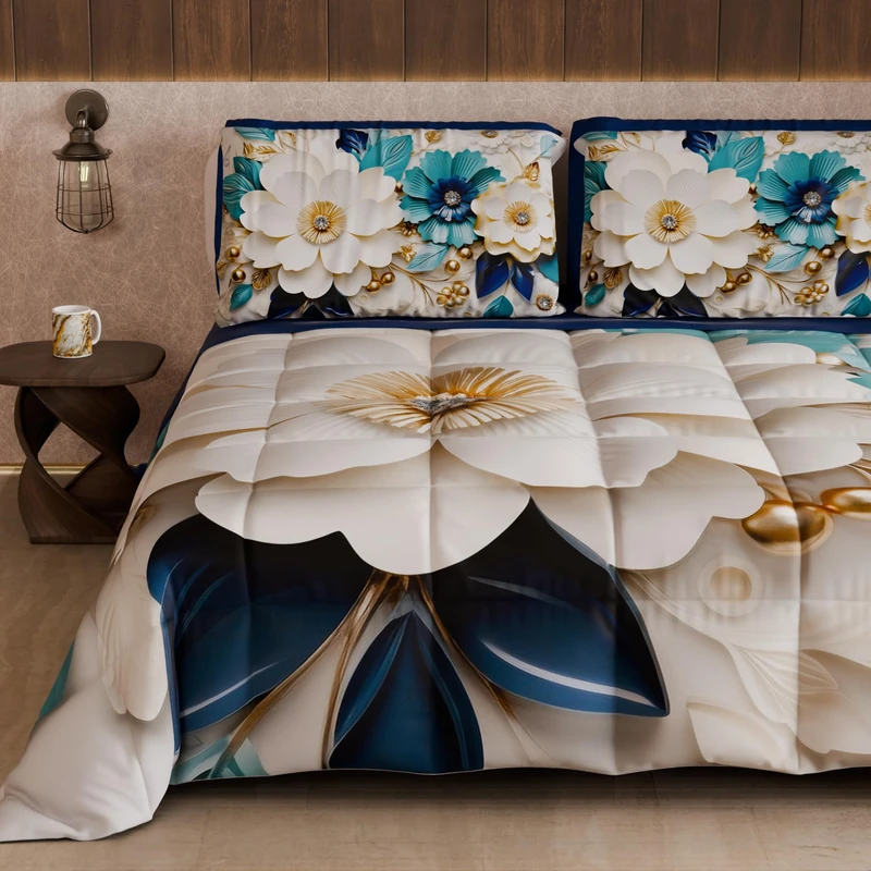 PETTI Artigiani Italiani - Winter Quilt, Winter Duvet, Double Sided Quilt, Solid Colour and Digital Floral Print 05 19, 100% Microfibre, Made in Italy