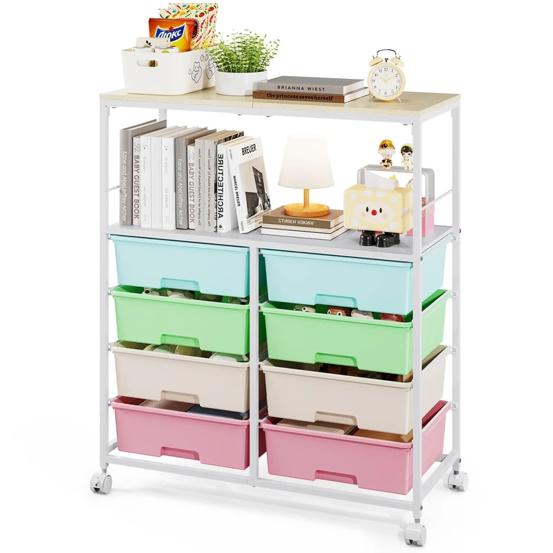 Rolling cart with 8 drawers,Storage drawer cart with wooden tabletop,Lockable wheels organizer for homeschool, arts & crafts, classroom, office & creative spaces (Colorful)