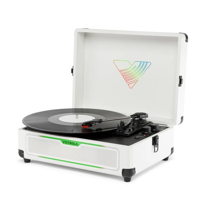 Journey Glow – Illuminated Suitcase Record Player – 18 RGB Light Effects, Music Pulse Modes, Stereo Speakers with Enhanced Bass, Bluetooth Input and Output (White)