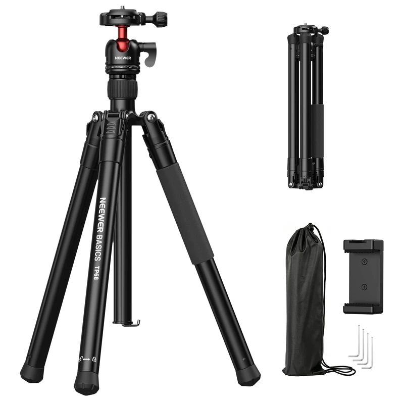 NEEWER BASICS 57" Camera Tripod Monopod with Arca Type QR Plate Ball Head & Cell Phone Holder, Compact Portable Travel Stand for iPhone DSLR Camcorder Streaming Video Recording, 6.6lb/3kg Load, TP68