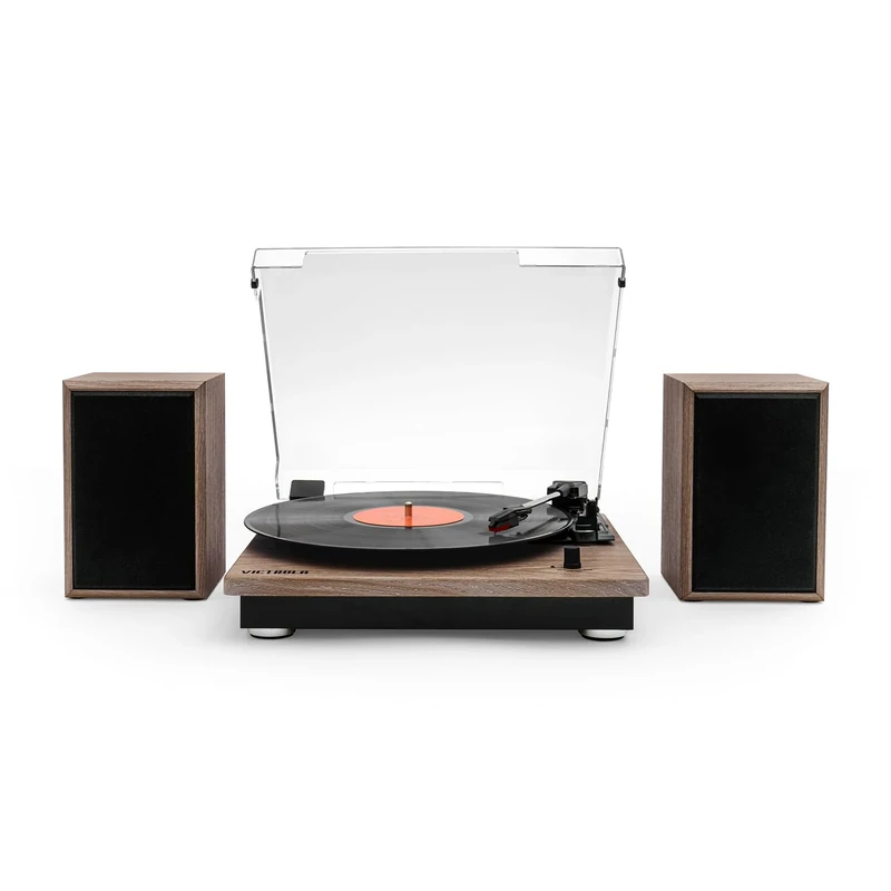 Victrola Montauk Vinyl Record Player, 3-Speed Belt Driven Turntable with Stereo Bluetooth Speaker Pair, RCA Output and 3.5mm Headphone Jack, Removable Dust Cover, Farmhouse Walnut Finish