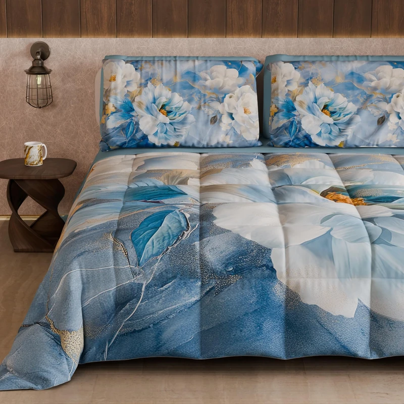 PETTI Artigiani Italiani - Winter Quilt, Winter Duvet, Double Sided Quilt, Solid Colour and Digital Floral Print 25 13, 100% Microfibre, Made in Italy